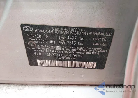 2015 Hyundai Sonata Se из США, поврежденный, VIN 5NPE24AF5FH198368